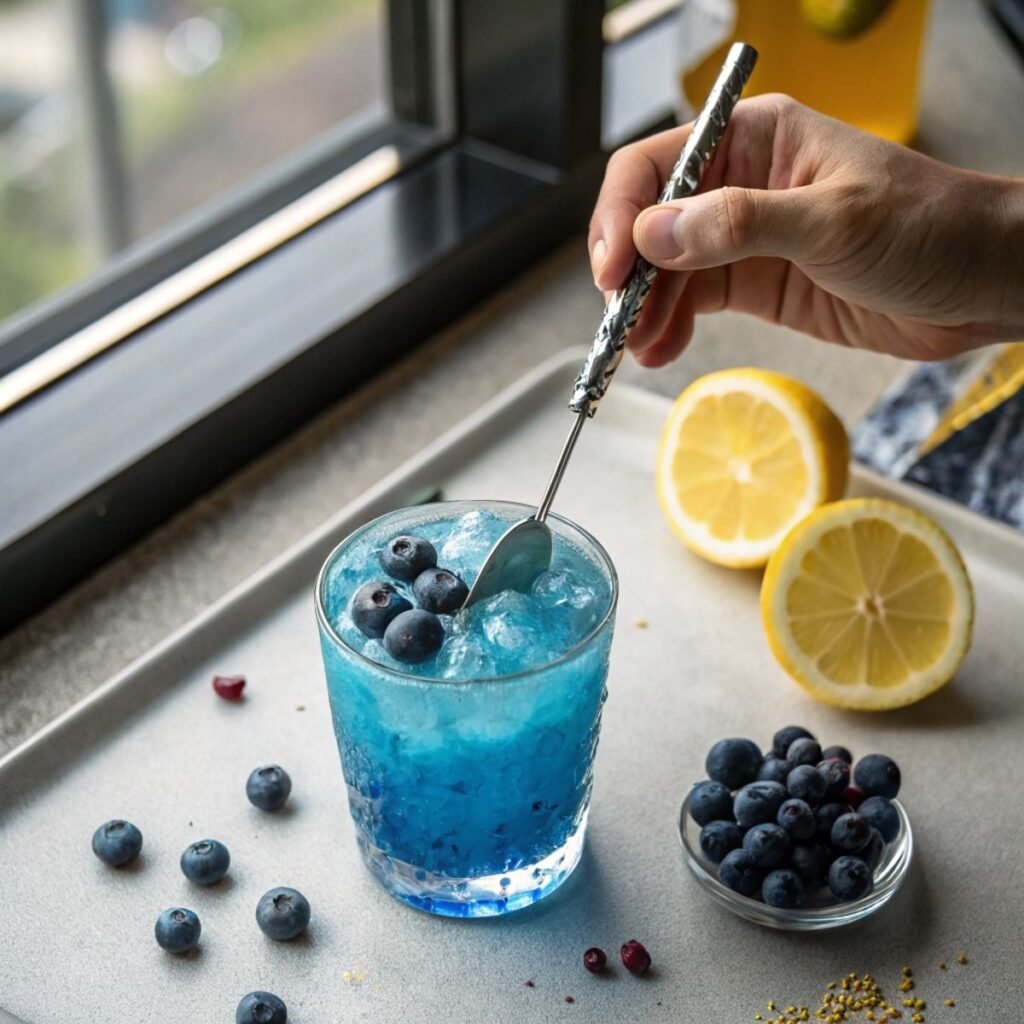Garnishing Blue Mocktail with a lemon wheel and fresh blueberries - step 5 showing final touches for vibrant color and elegant finish.