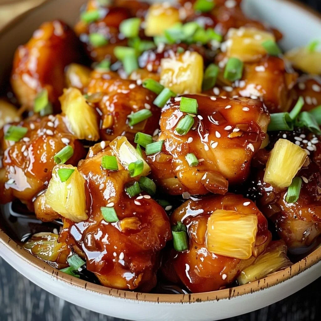 Close-up of Brown Sugar Pineapple Chicken showing caramelized glaze and golden pineapple, garnished with green onions on a white ceramic dish.
