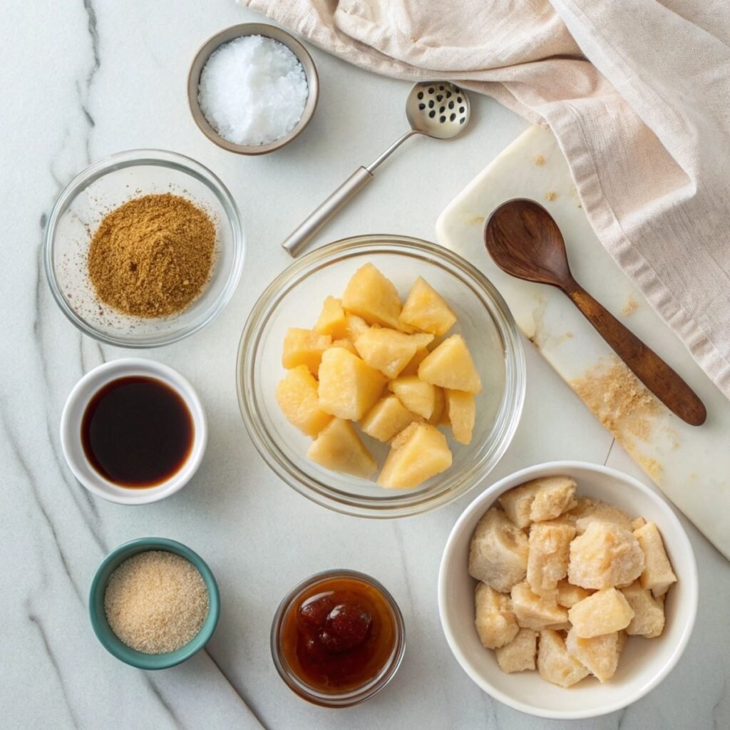 Fresh ingredients for Brown Sugar Pineapple Chicken including pineapple chunks, brown sugar, soy sauce, and chicken arranged on a marble surface.