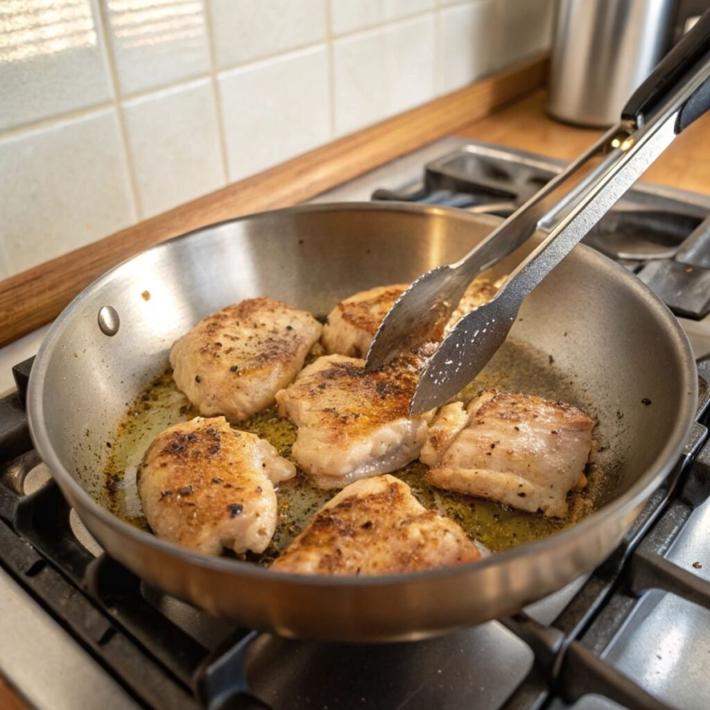 Browning chicken for Brown Sugar Pineapple Chicken - step 1 showing golden edges and sizzling oil.