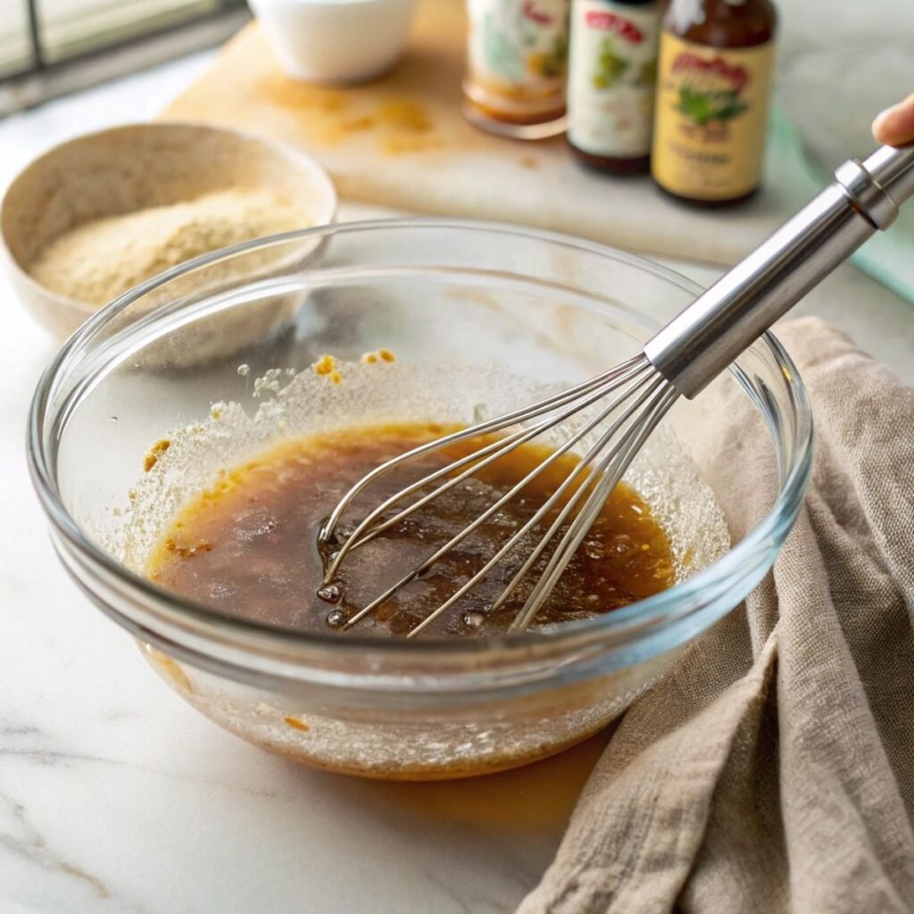 Pouring pineapple glaze over chicken for Brown Sugar Pineapple Chicken - step 2 showing thick sauce and pineapple chunks.