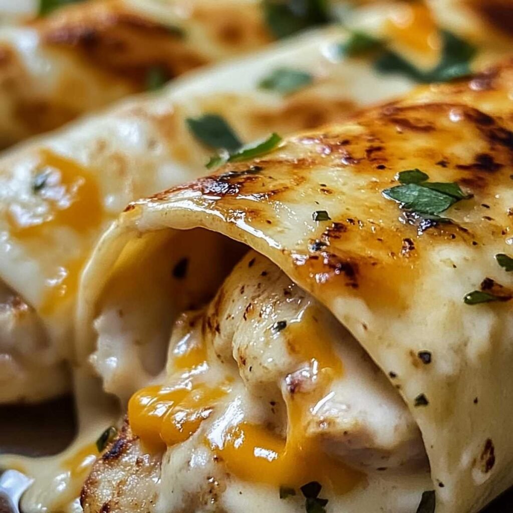 Cheesy Garlic Chicken Wraps on a modern marble countertop, showcasing its gooey cheese pull and creamy garlic sauce.