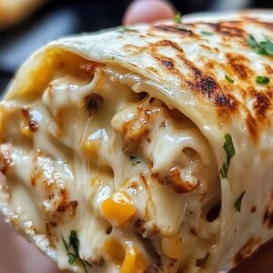 Close-up of Cheesy Garlic Chicken Wrap showing gooey cheese pull and golden-brown tortilla, garnished with parsley on a marble surface.