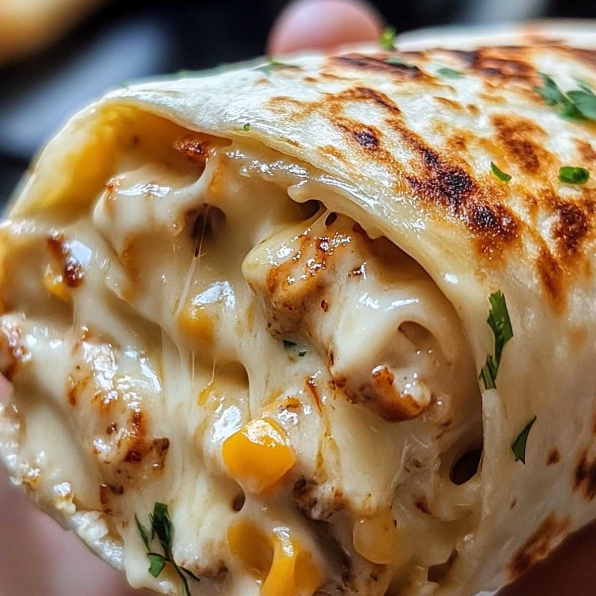 Close-up of Cheesy Garlic Chicken Wrap showing gooey cheese pull and golden-brown tortilla, garnished with parsley on a marble surface.