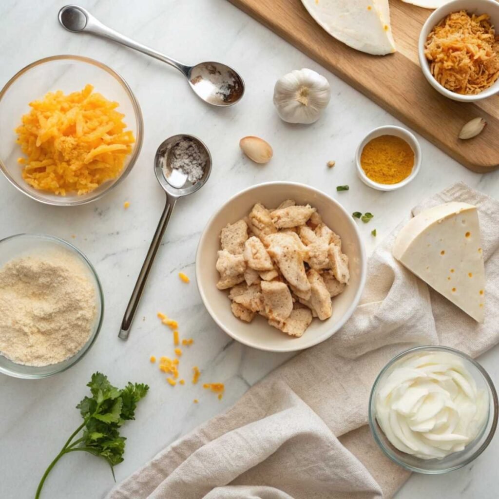 Fresh ingredients for Cheesy Garlic Chicken Wraps including diced chicken, shredded cheddar, mozzarella, Greek yogurt, and minced garlic on a marble surface.