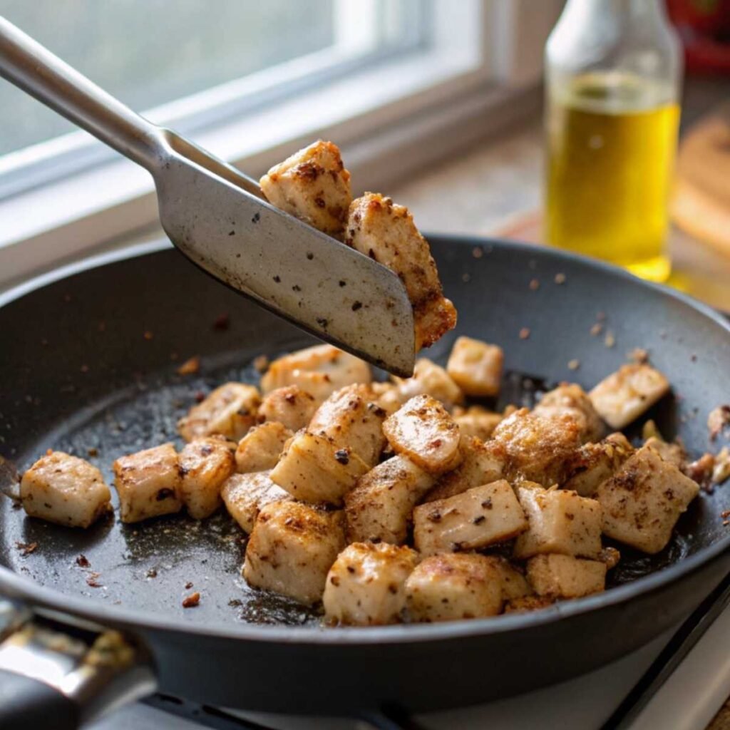 Searing seasoned diced chicken in a skillet for Cheesy Garlic Chicken Wraps – step 1 showing golden-brown spice-coated pieces.