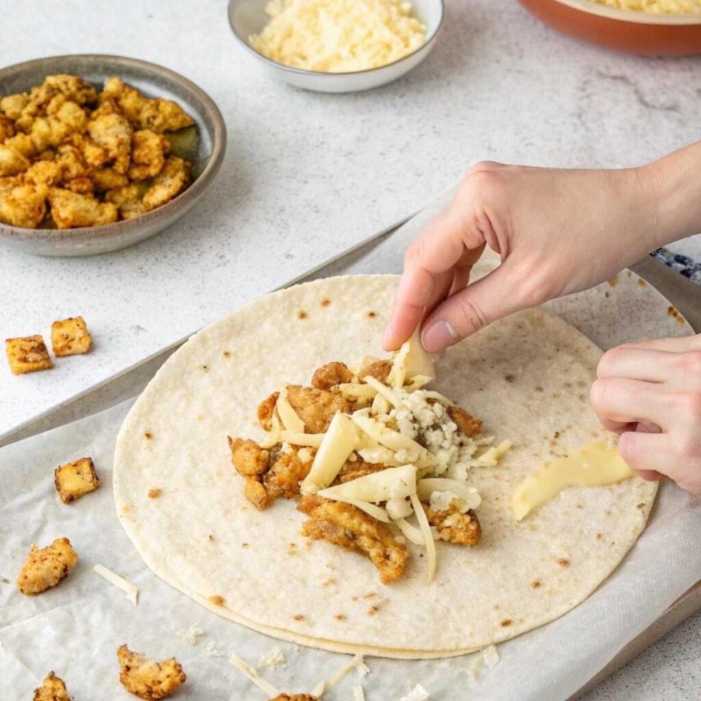 Spreading cheesy garlic chicken mixture on a warm tortilla – step 2 showing shredded mozzarella and cheddar atop creamy-sauced chicken.