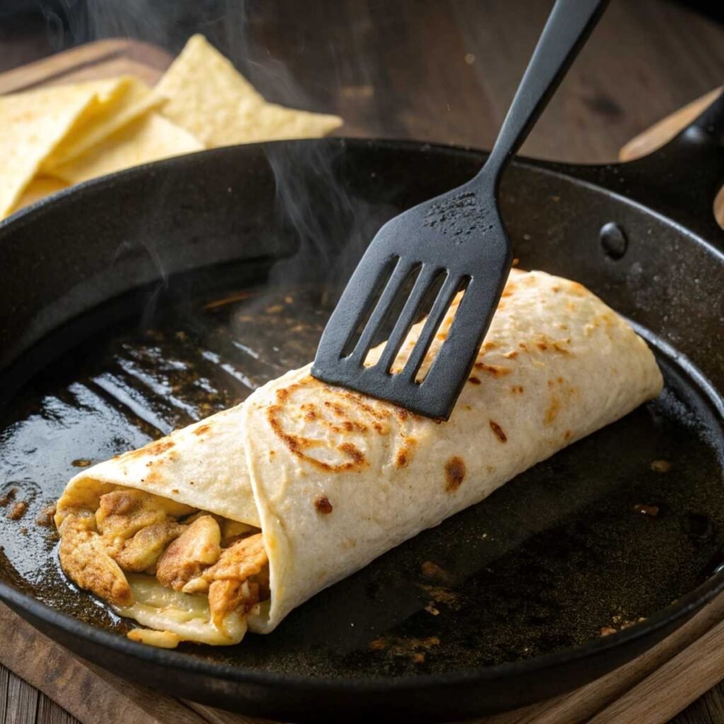Pan-crisping Cheesy Garlic Chicken Wrap seam-side down – step 3 showing golden tortilla and melted cheese oozing.