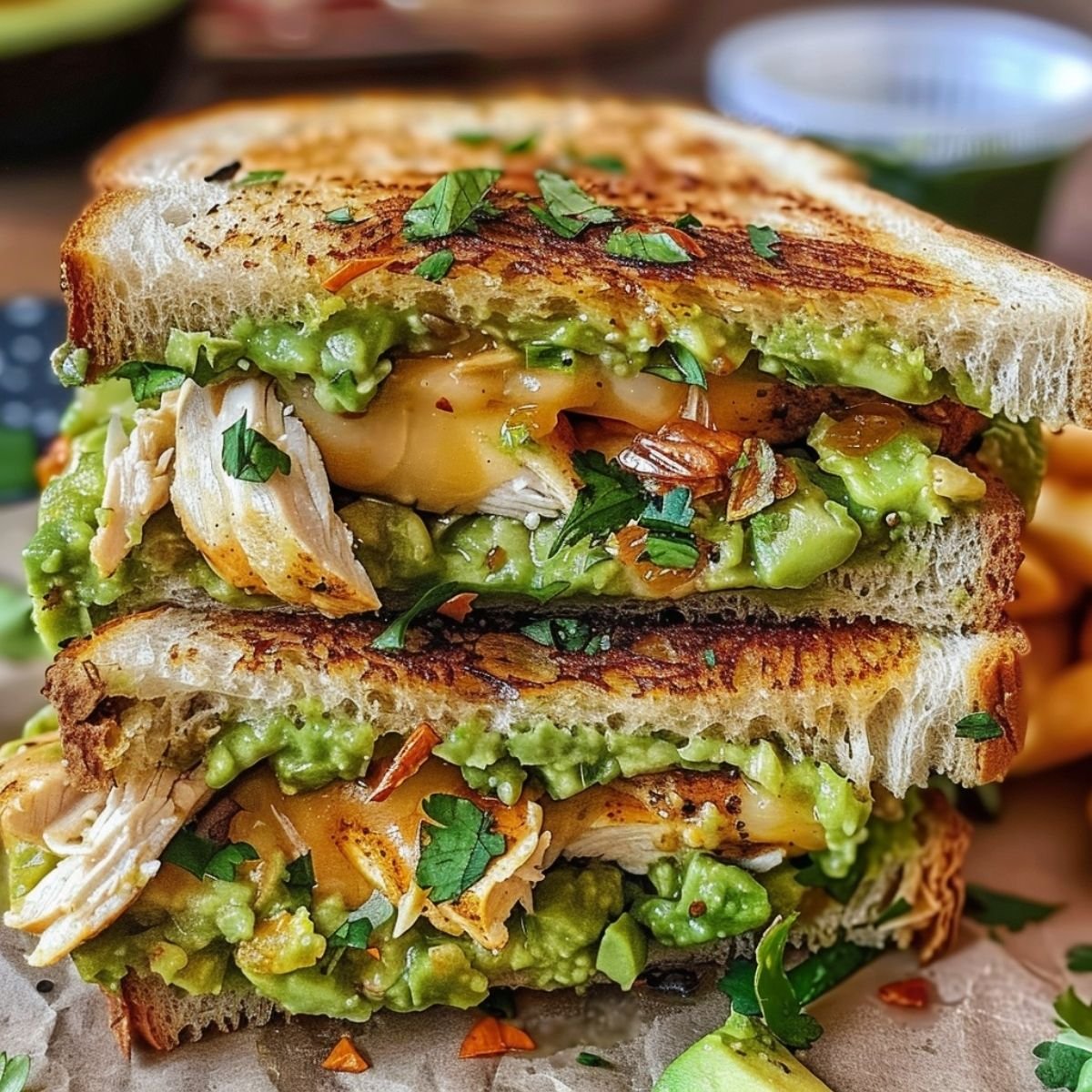 Chicken Avocado Melt Sandwich on a modern marble countertop, showcasing gooey melted cheddar and creamy avocado with fresh parsley.
