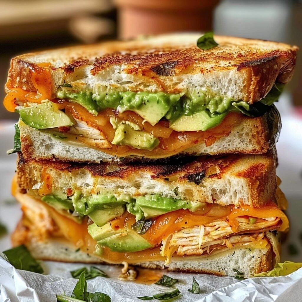 Close-up of Chicken Avocado Melt Sandwich showing golden toast, melted cheese, and creamy avocado on a wooden board.