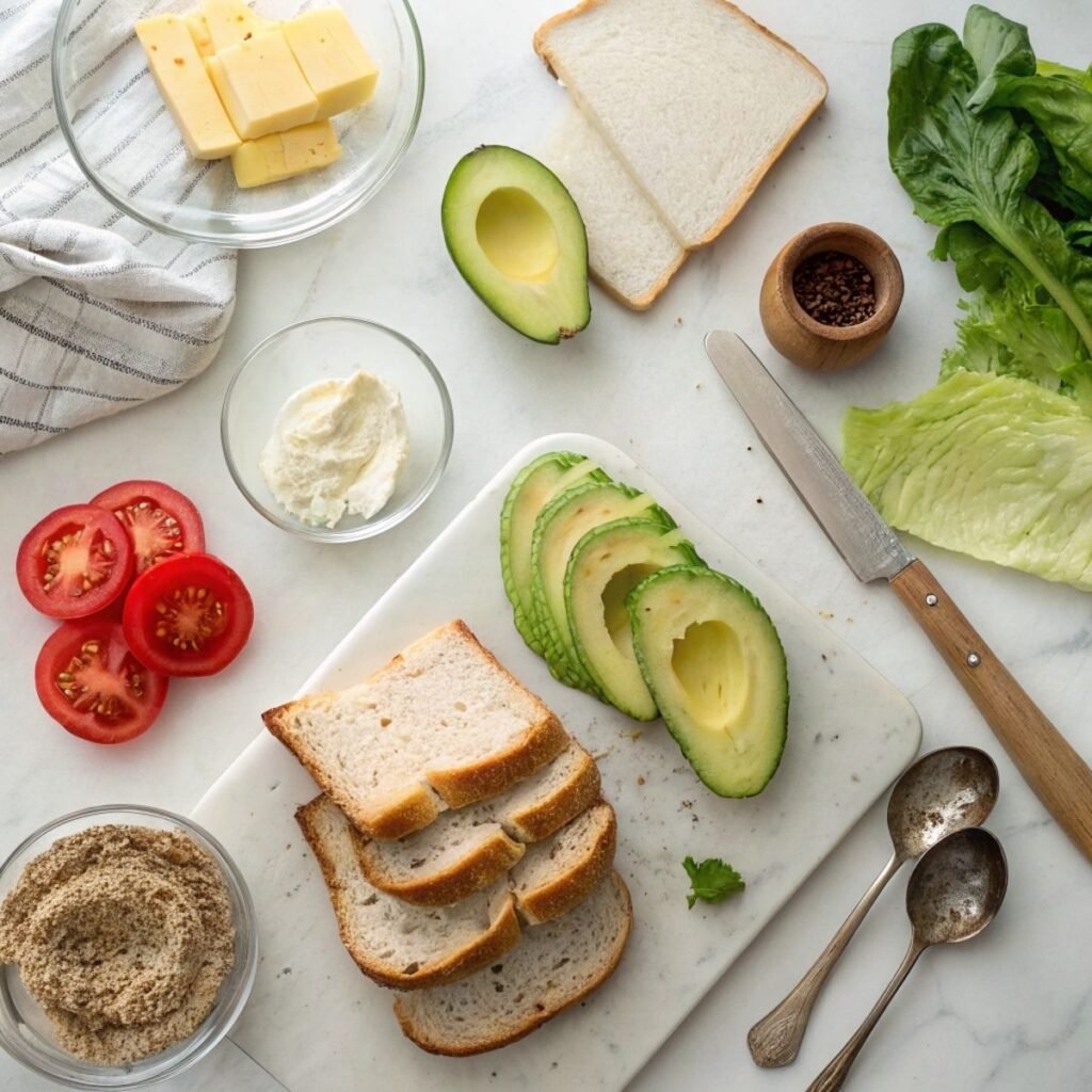 Fresh ingredients for Chicken Avocado Melt Sandwich including avocado, chicken breast, and cheddar arranged on a modern marble surface.