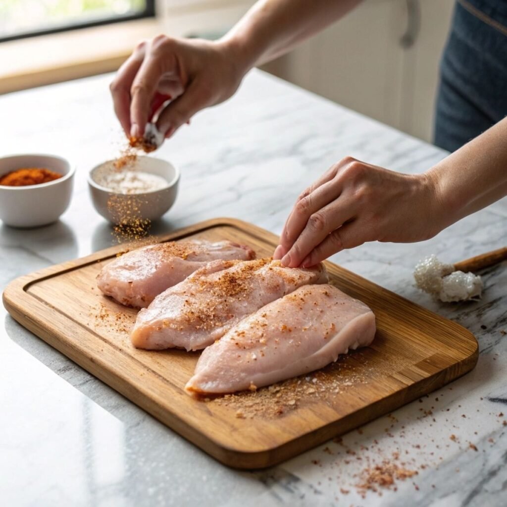 Seasoning chicken breasts for Chicken Avocado Melt Sandwich - step 1 showing paprika and garlic powder over raw chicken.