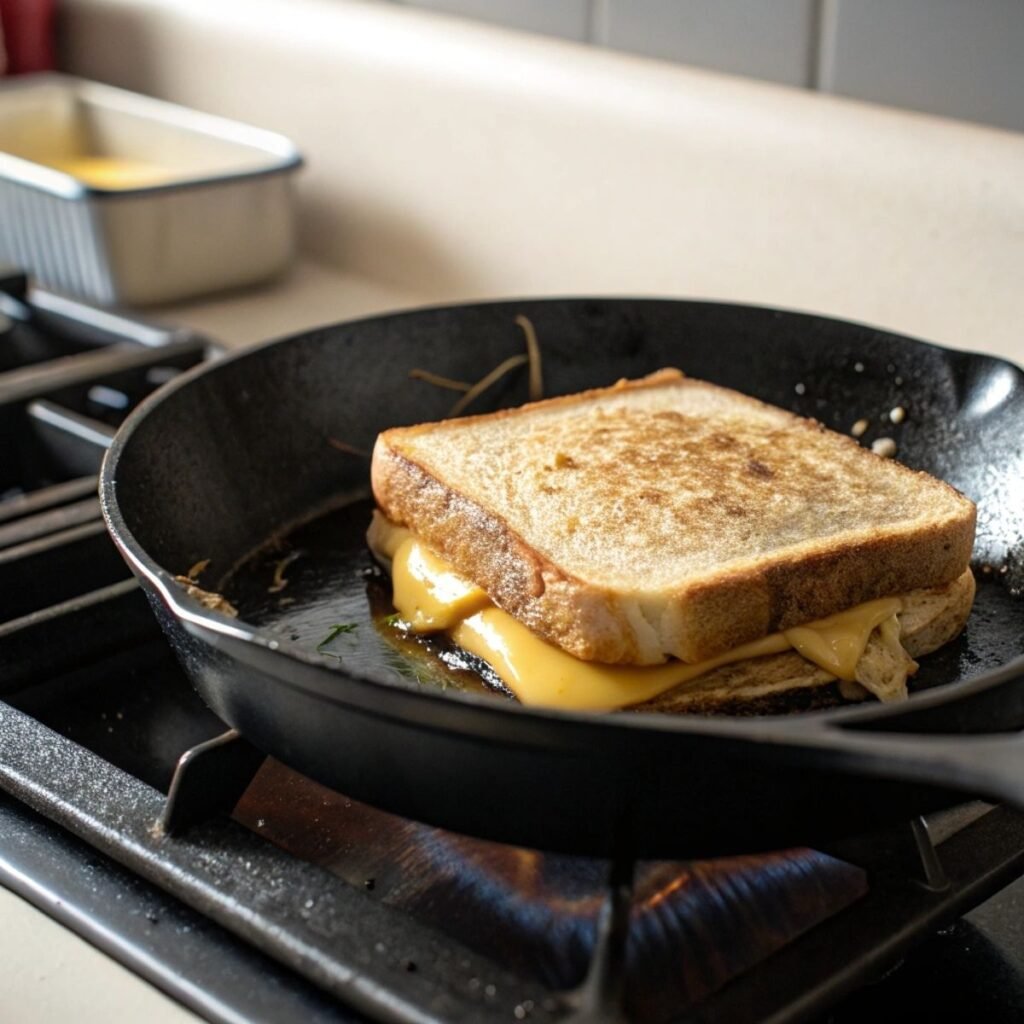 Melting cheddar cheese inside Chicken Avocado Melt Sandwich - step 11 showing gooey texture and crispy bread edge.