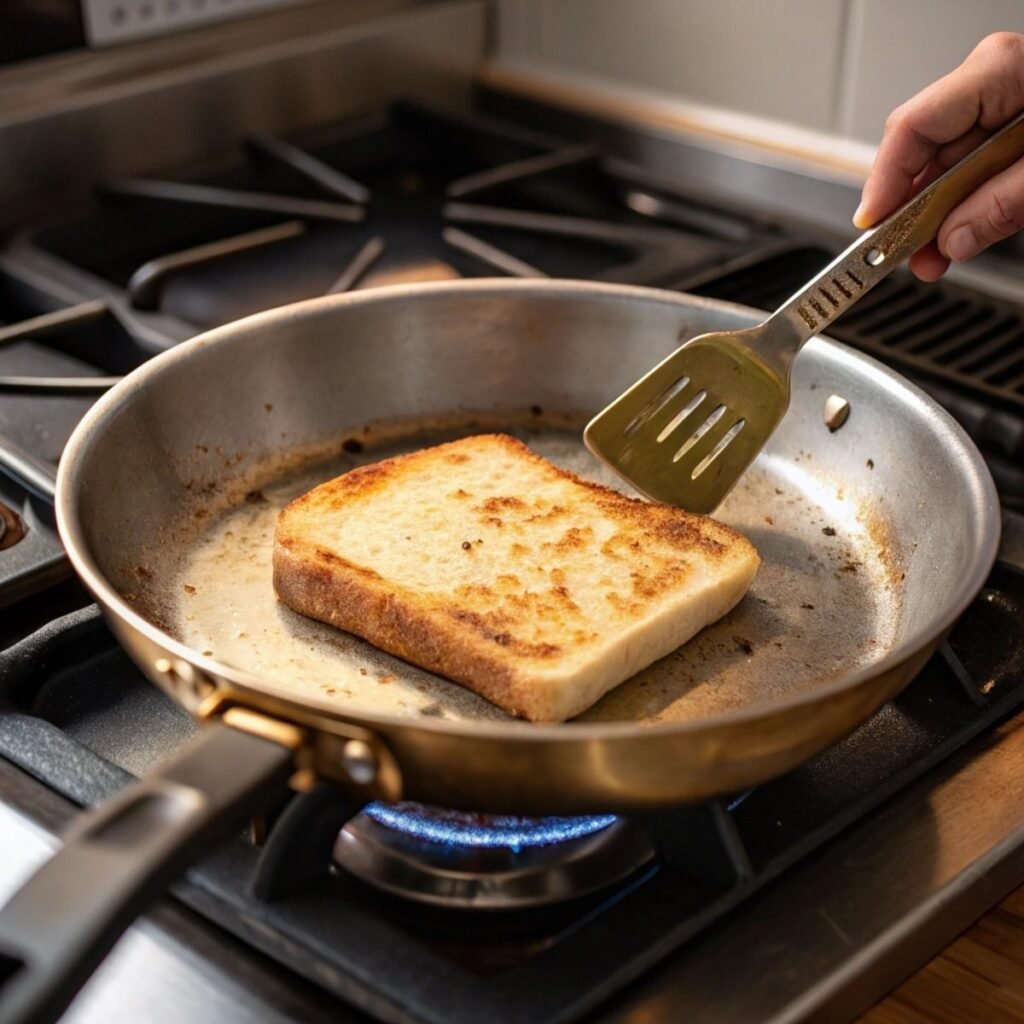 Toasting ciabatta bread cut-side down in skillet for Chicken Avocado Melt Sandwich - step 6 showing golden browning.