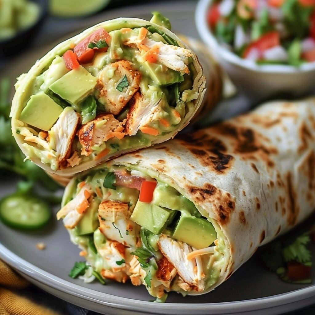 Close-up of Chicken Avocado Ranch Burritos showing melty cheese and creamy avocado, garnished with cilantro on a wood board.