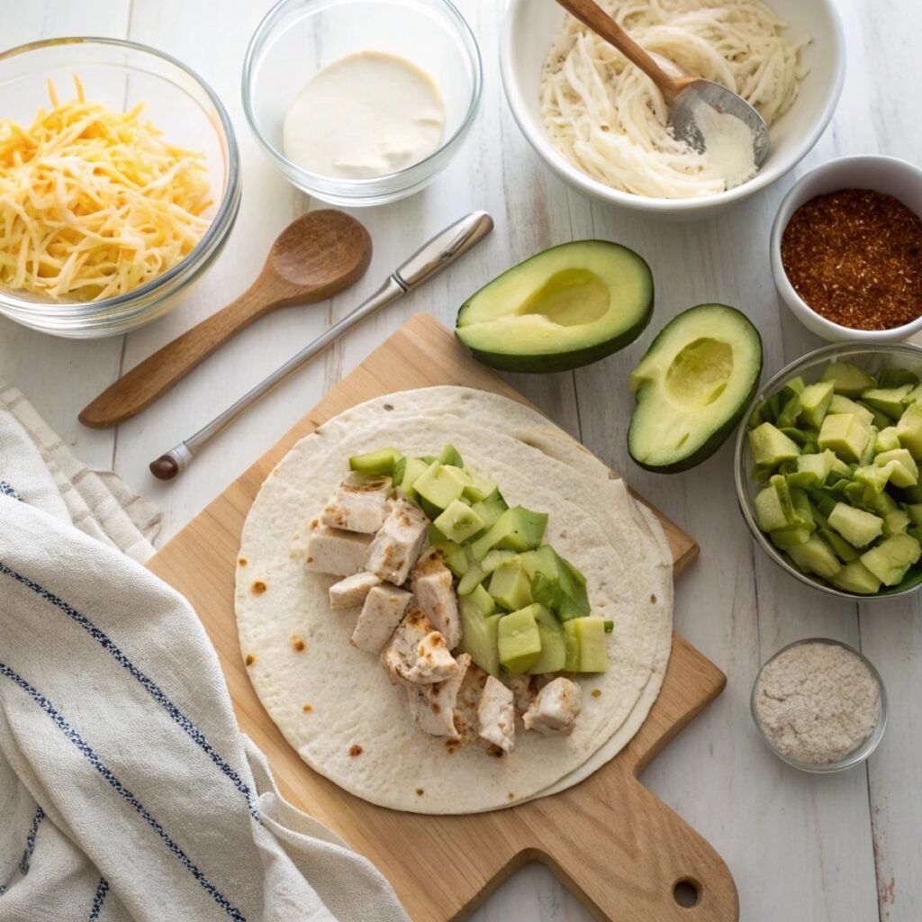 Fresh ingredients for Chicken Avocado Ranch Burritos including avocado, shredded chicken, flour tortillas, and taco seasoning arranged on marble surface.