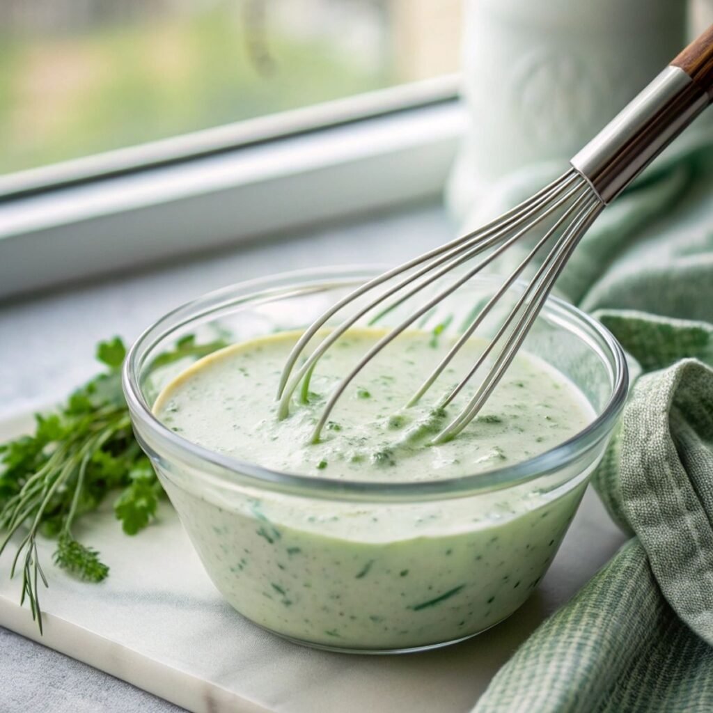 Whisking sauce for Chicken Avocado Ranch Burritos - step 1 showing creamy ranch with visible cilantro.