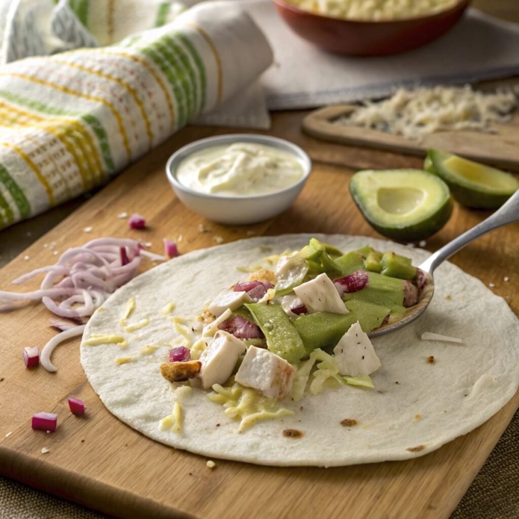 Spreading sauce on tortilla for Chicken Avocado Ranch Burritos - step 5 showing creamy ranch layer with cilantro flecks.