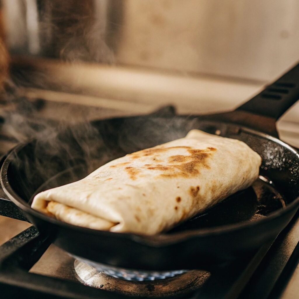 Toasting burrito seam-side down for Chicken Avocado Ranch Burritos - step 9 showing golden brown spots.