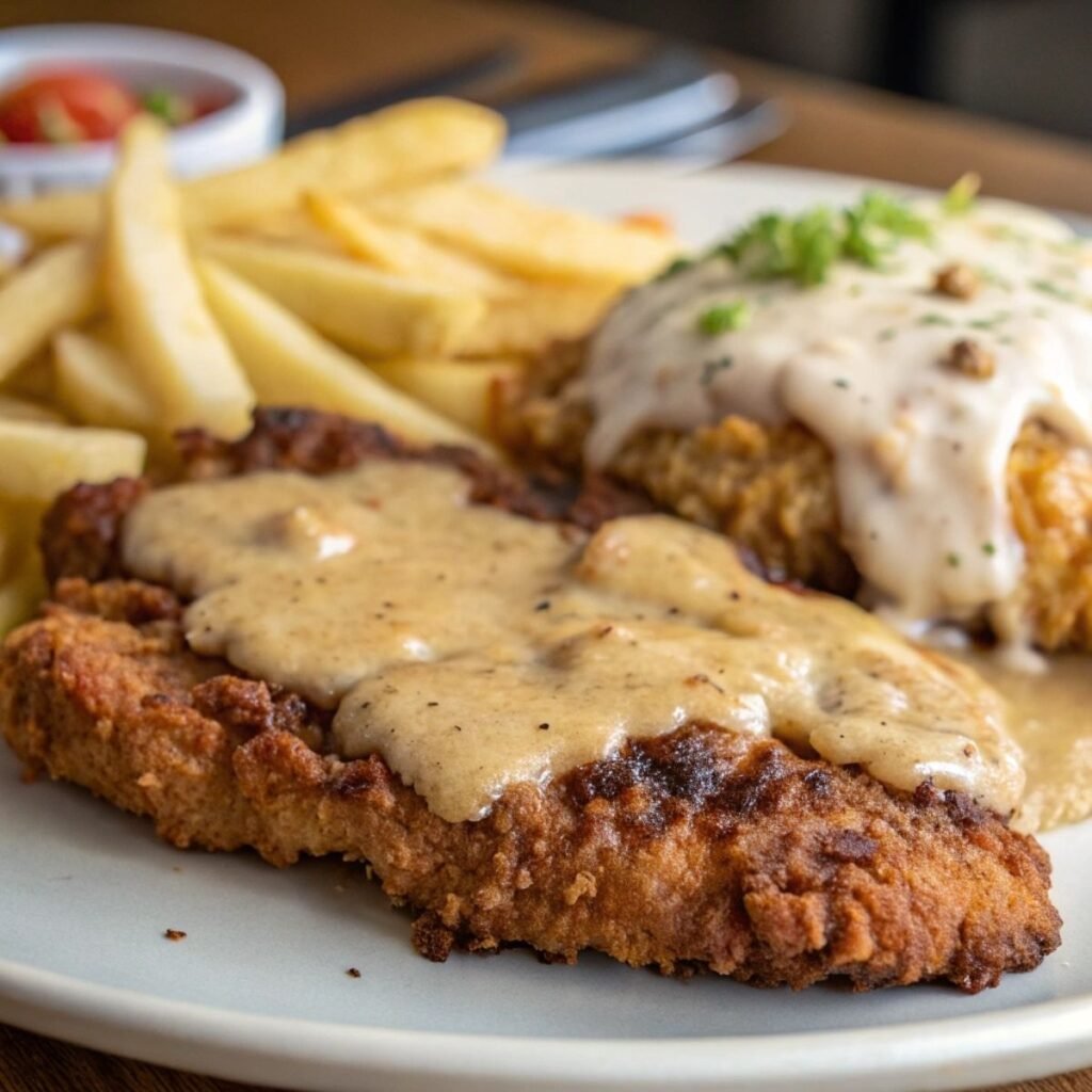 Close-up of Chicken Fried Steak showing crispy golden crust and creamy gravy, garnished with cracked pepper on a ceramic plate.