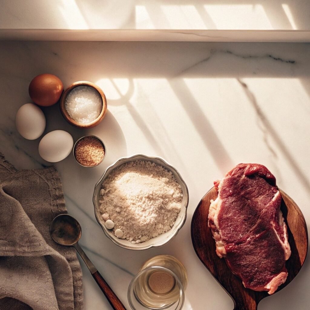 Fresh ingredients for Chicken Fried Steak including cube steak, flour, buttermilk, and seasonings arranged on a modern marble surface.
