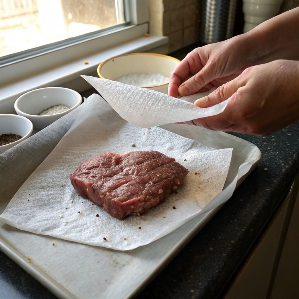 Patting cube steak dry for Chicken Fried Steak - step 1 showing moisture removal with paper towel.