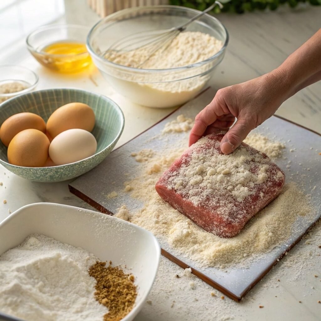 Coating cube steak in seasoned flour for Chicken Fried Steak - step 2 showing visible spice mix and flour texture.