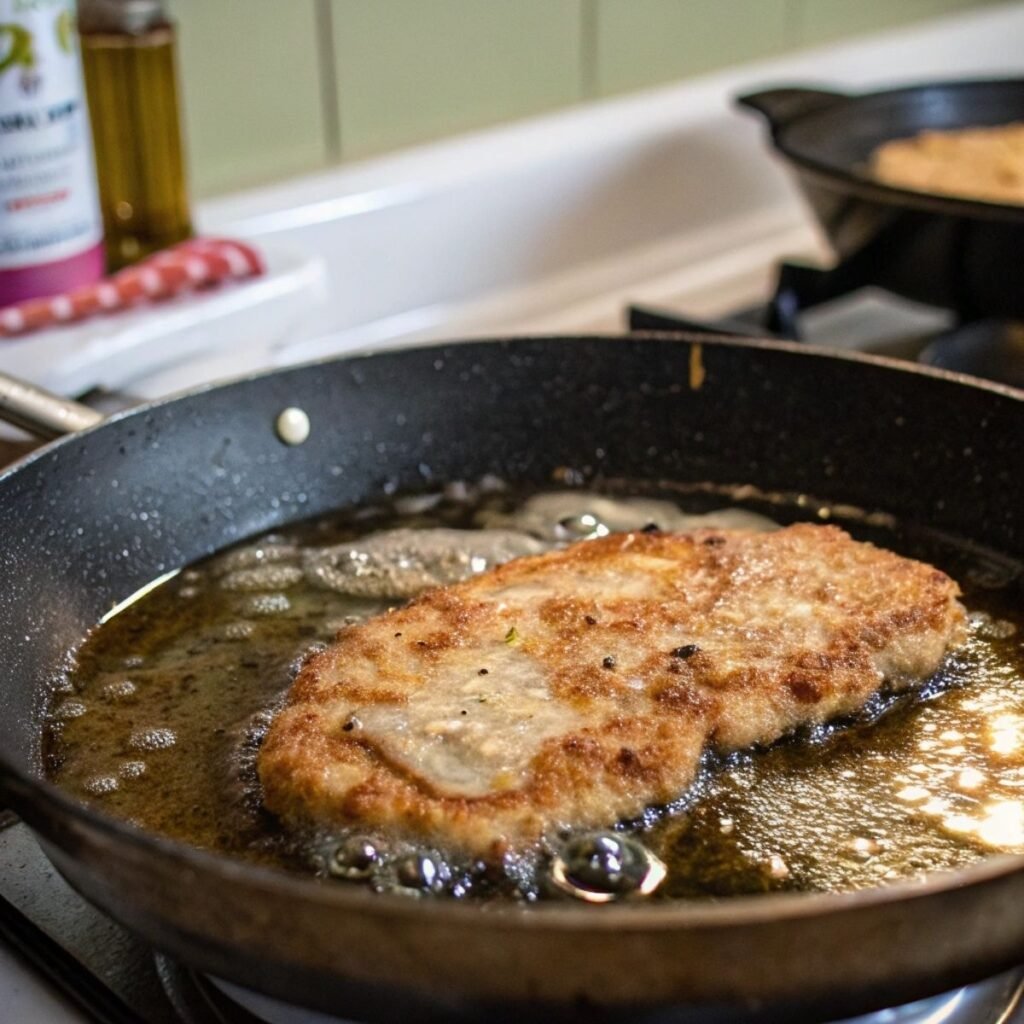 Frying chicken fried steak in oil - step 3 showing bubbling edges and golden brown crust starting to form.