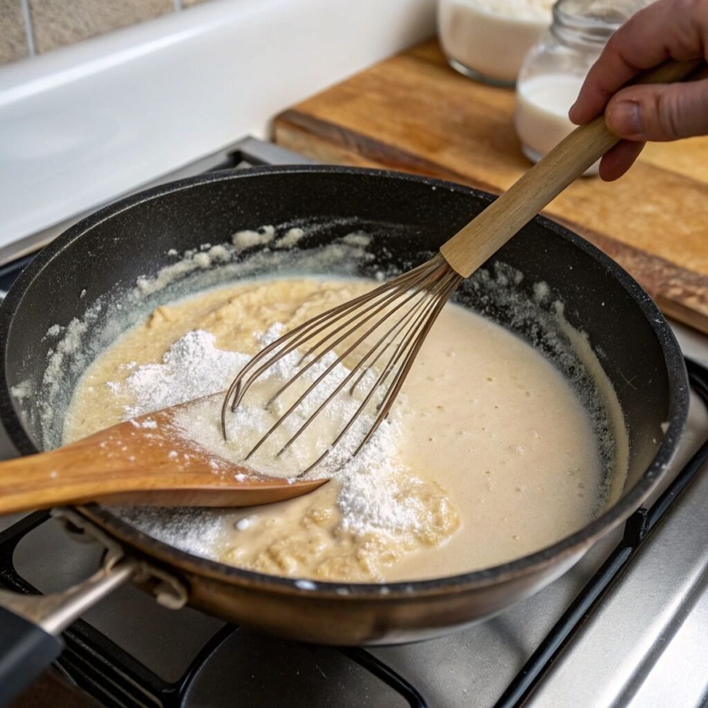 Whisking flour and milk for creamy gravy - step 4 of Chicken Fried Steak showing smooth roux and pan drippings.