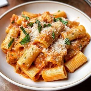 Creamy Tomato Pasta on a modern marble countertop, showcasing its silky tomato cream sauce with basil and parmesan.