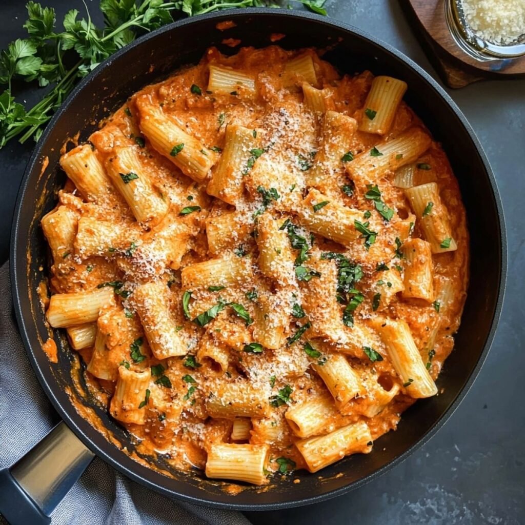 Close-up of Creamy Tomato Rigatoni showing silky tomato cream sauce and fresh parsley, garnished with parmesan in a black skillet on a dark surface.