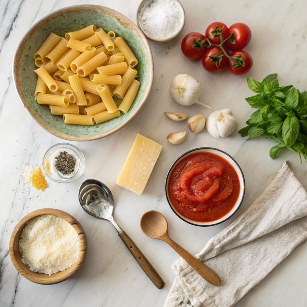 Fresh ingredients for Creamy Tomato Rigatoni including rigatoni pasta, garlic, parmesan, and cream arranged on a light marble surface.