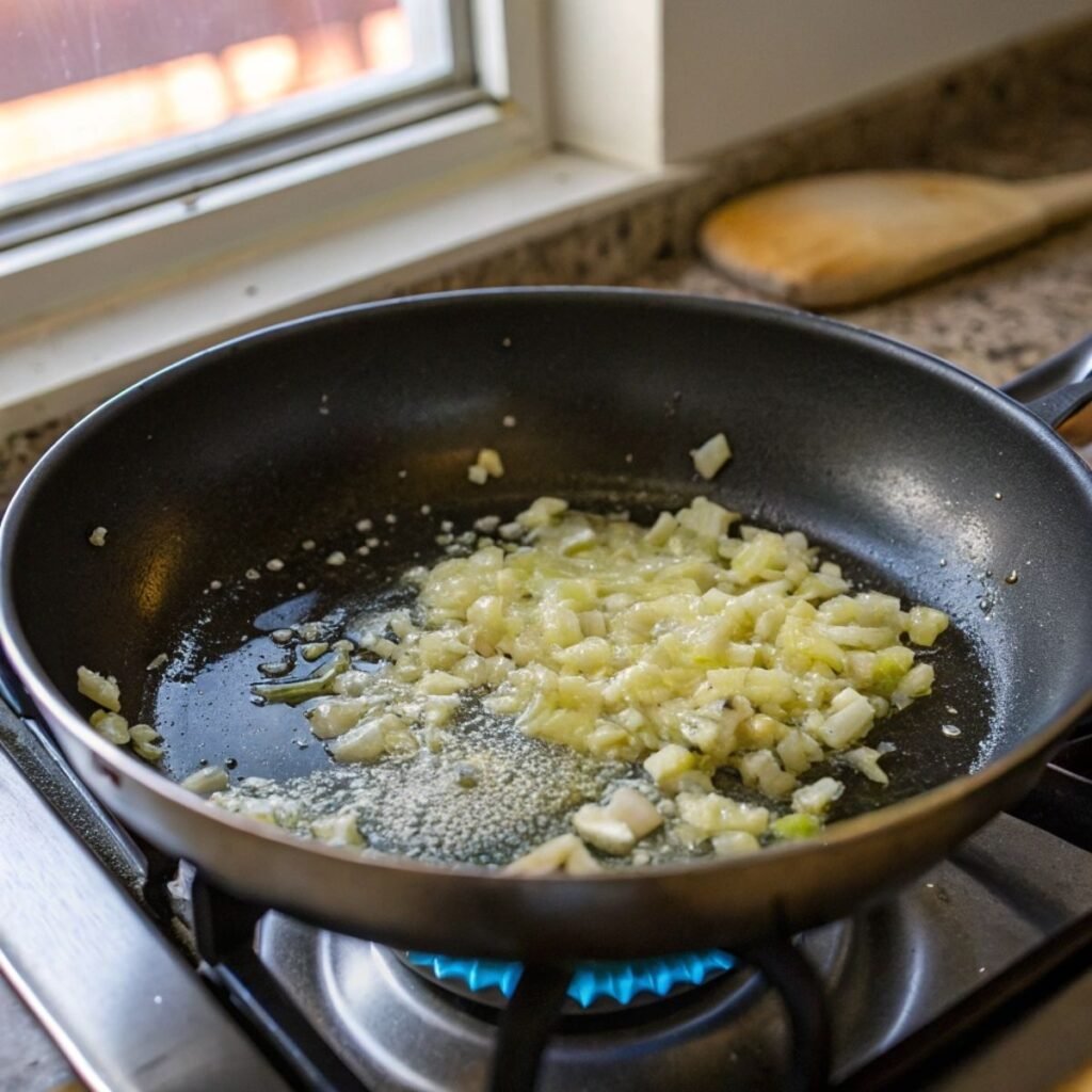 Sautéing minced garlic in olive oil for Creamy Tomato Rigatoni - step 2 showing garlic gently sizzling in skillet.