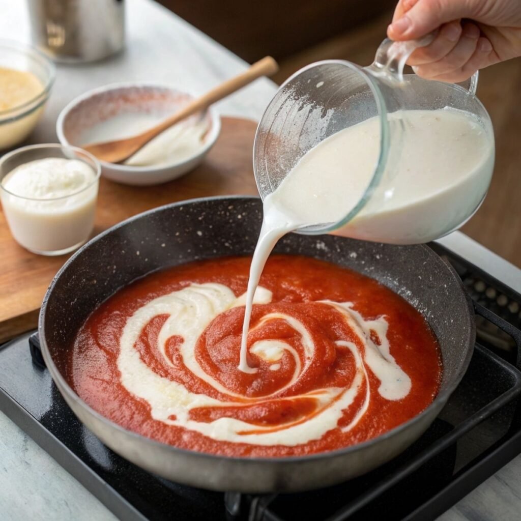 Pouring cream and milk into tomato sauce for Creamy Tomato Rigatoni - step 4 showing white swirl blending into red base.