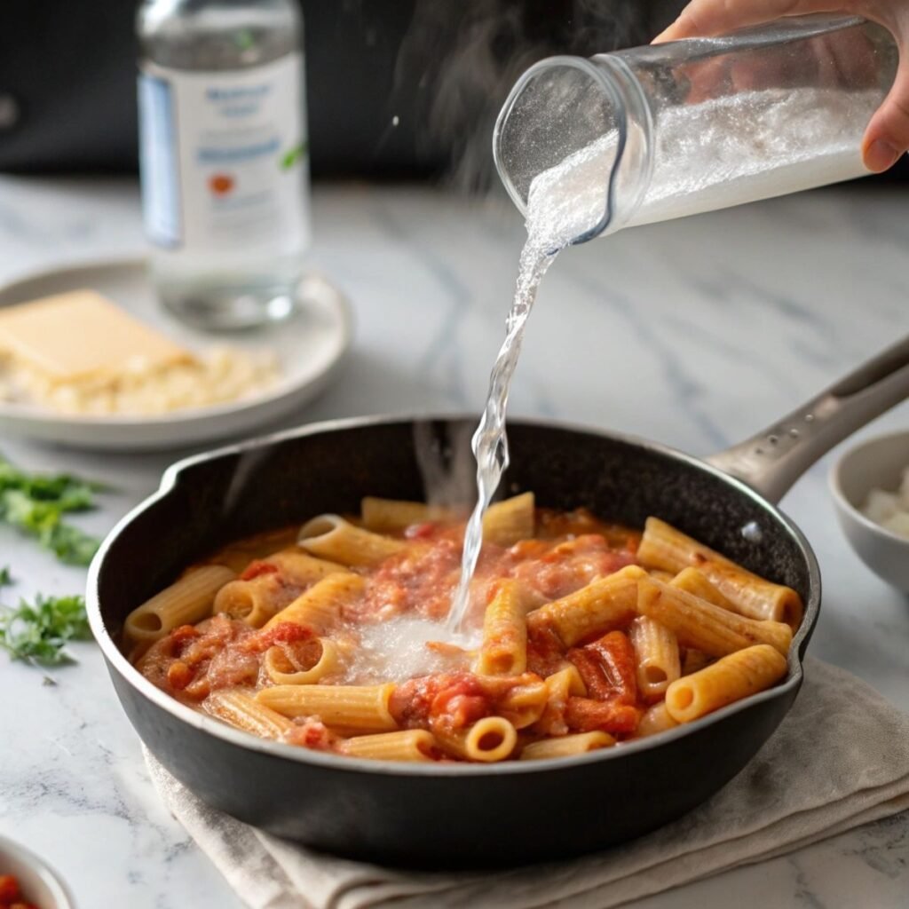 Adding pasta water to sauce for Creamy Tomato Rigatoni - step 7 showing starchy liquid blending into creamy tomato sauce.