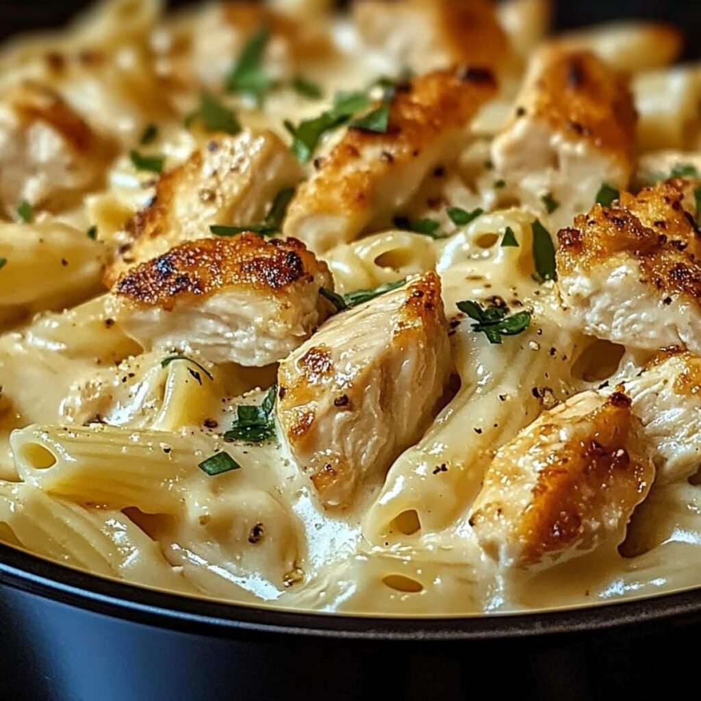 Close-up of Creamy White Cheddar Chicken Pasta showing creamy cheese sauce and golden seared chicken over penne pasta in a black bowl