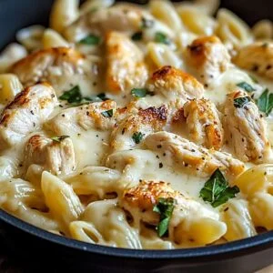 Creamy White Cheddar Chicken Pasta on a modern marble countertop, showcasing its creamy sauce with spiral pasta and parsley garnish.