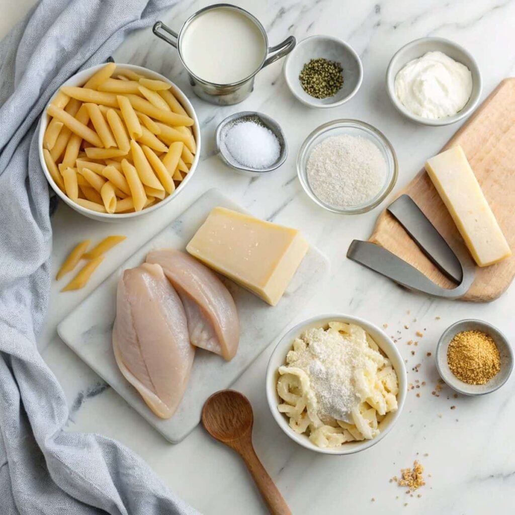Fresh ingredients for Creamy White Cheddar Chicken Pasta including penne pasta, sharp white cheddar, chicken breast, and garlic on marble surface