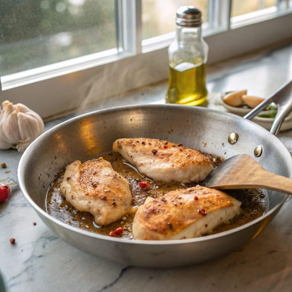 Searing seasoned chicken breasts in a hot skillet for Creamy White Cheddar Chicken Pasta - step 3 showing golden crust and visible spices