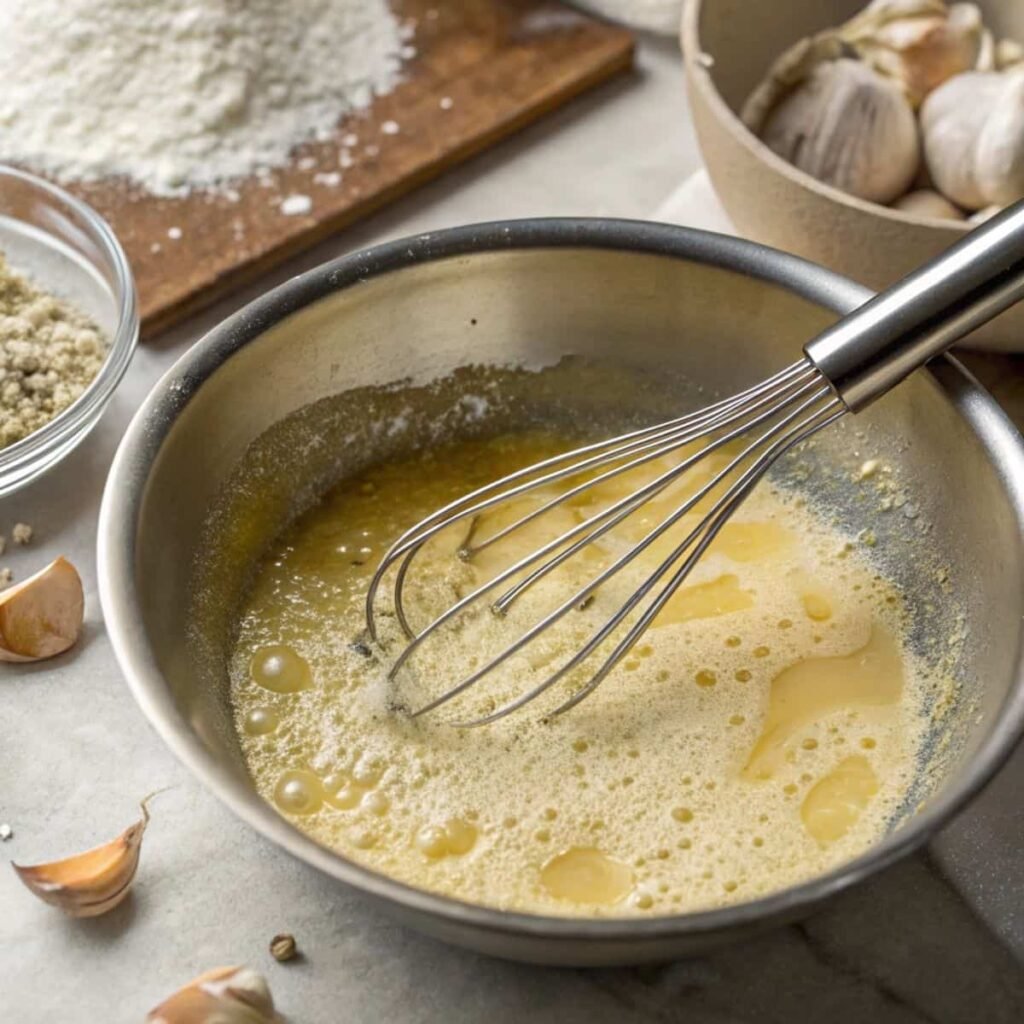 Whisking flour into butter and garlic for Creamy White Cheddar Chicken Pasta - step 6 showing golden roux formation