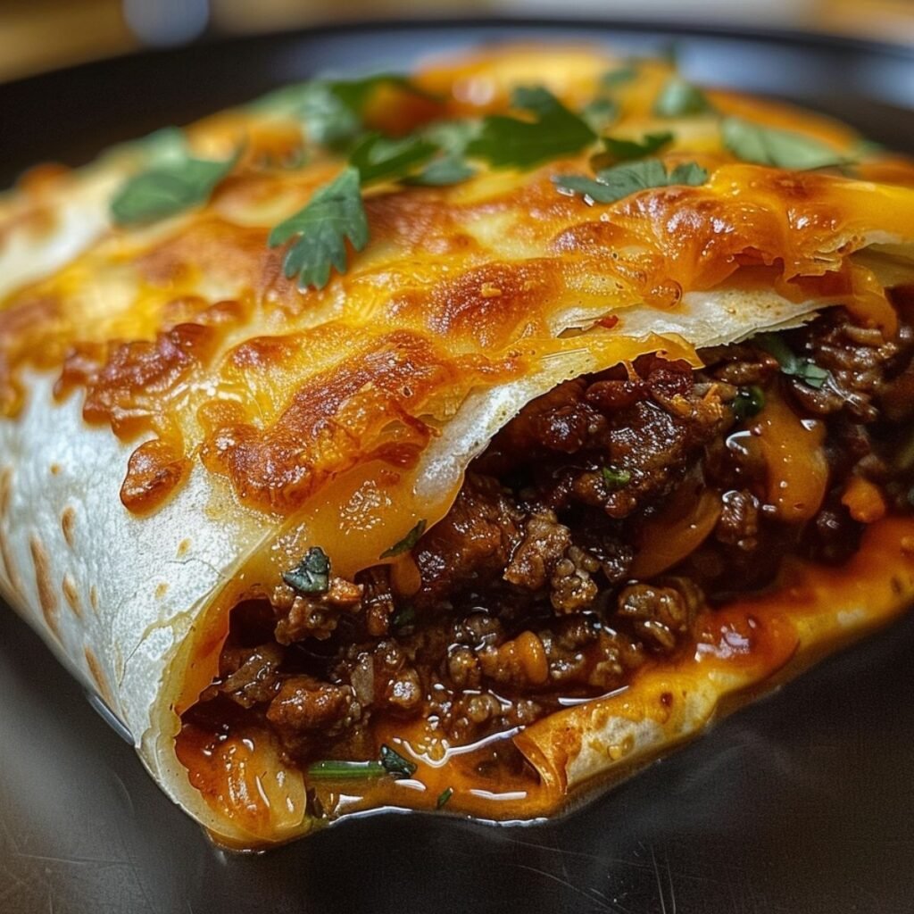 Close-up of Crispy Beef and Cheese Chimichangas showing melted cheddar, seasoned beef filling, and crisp golden tortilla layers.