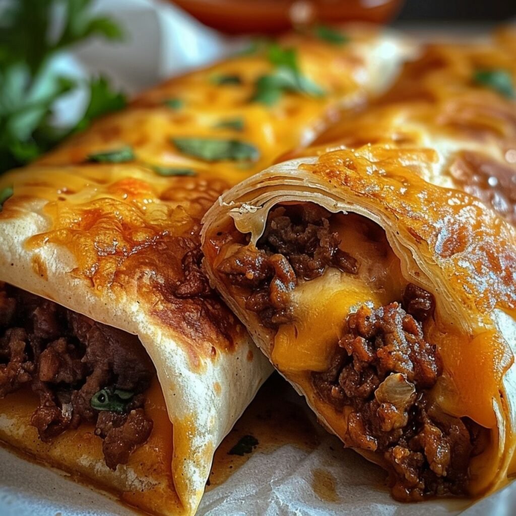 Close-up of Crispy Beef and Cheese Chimichangas showing golden crust and melted cheese, garnished with cilantro on a ceramic plate.