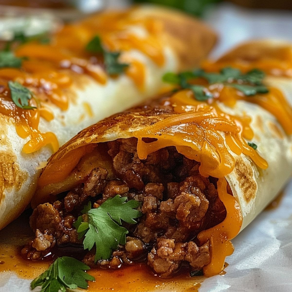 Crispy Beef and Cheese Chimichangas on a marble countertop, showcasing golden shell with melted cheese and cilantro garnish.