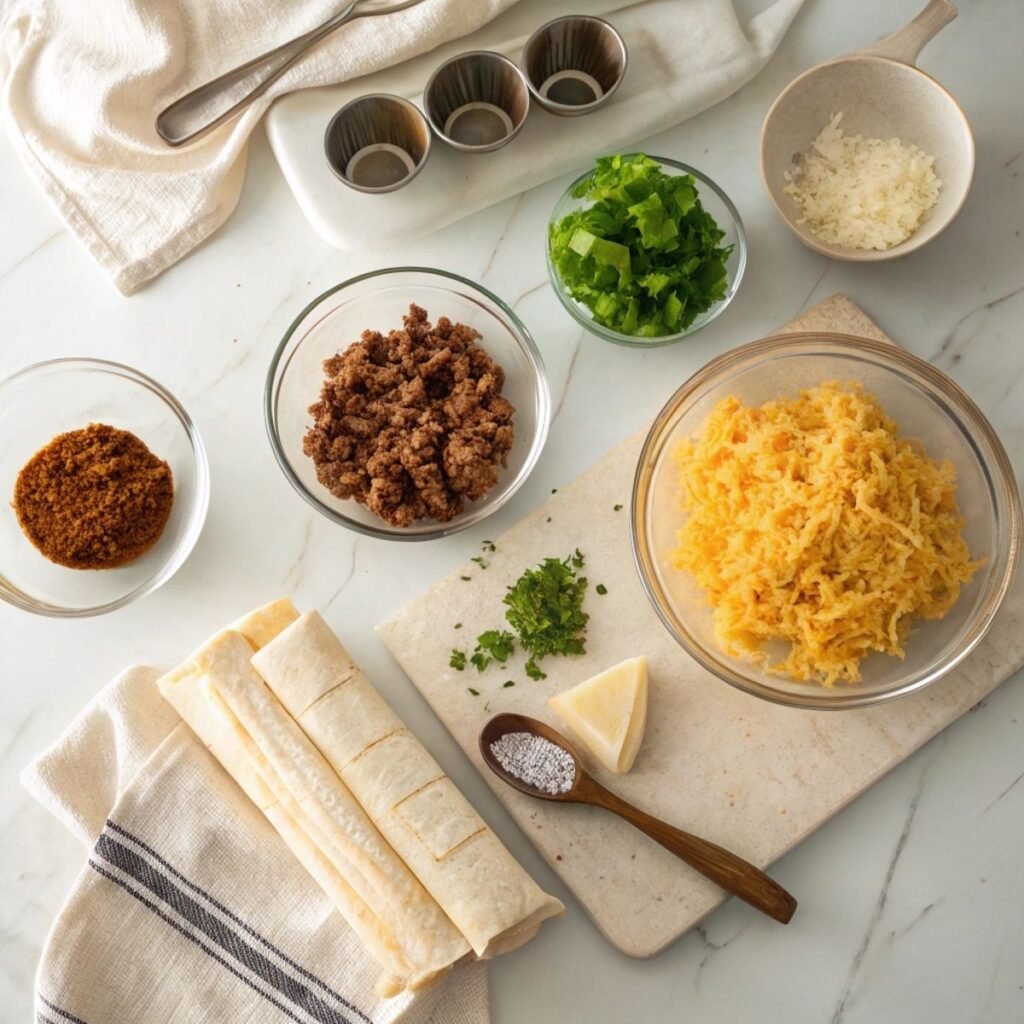 Fresh ingredients for Crispy Beef and Cheese Chimichangas including ground beef, refried beans, cheese, and tortillas arranged on a marble surface.
