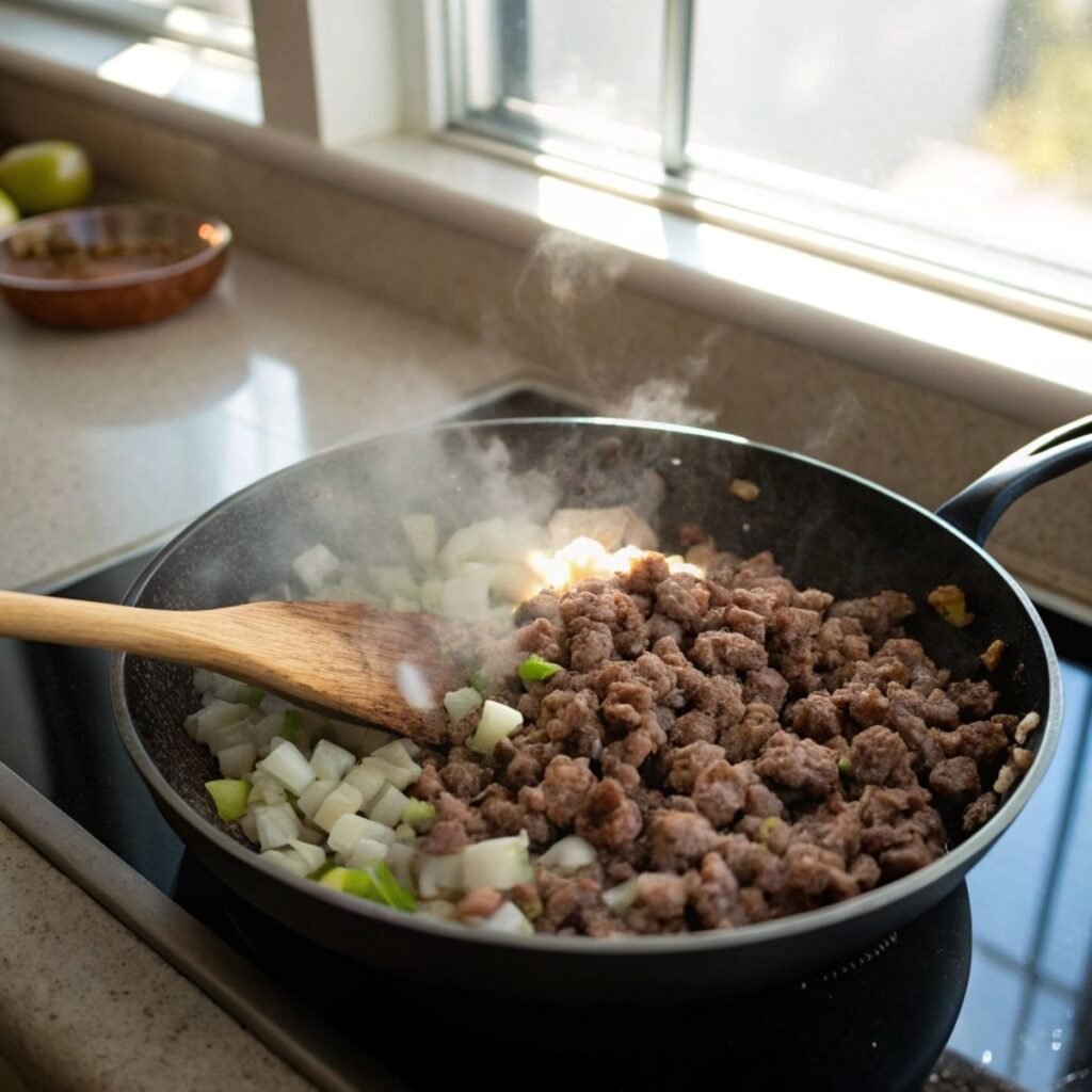 Cooking ground beef and onions for Crispy Beef and Cheese Chimichangas - step 1 showing browning and sizzle.