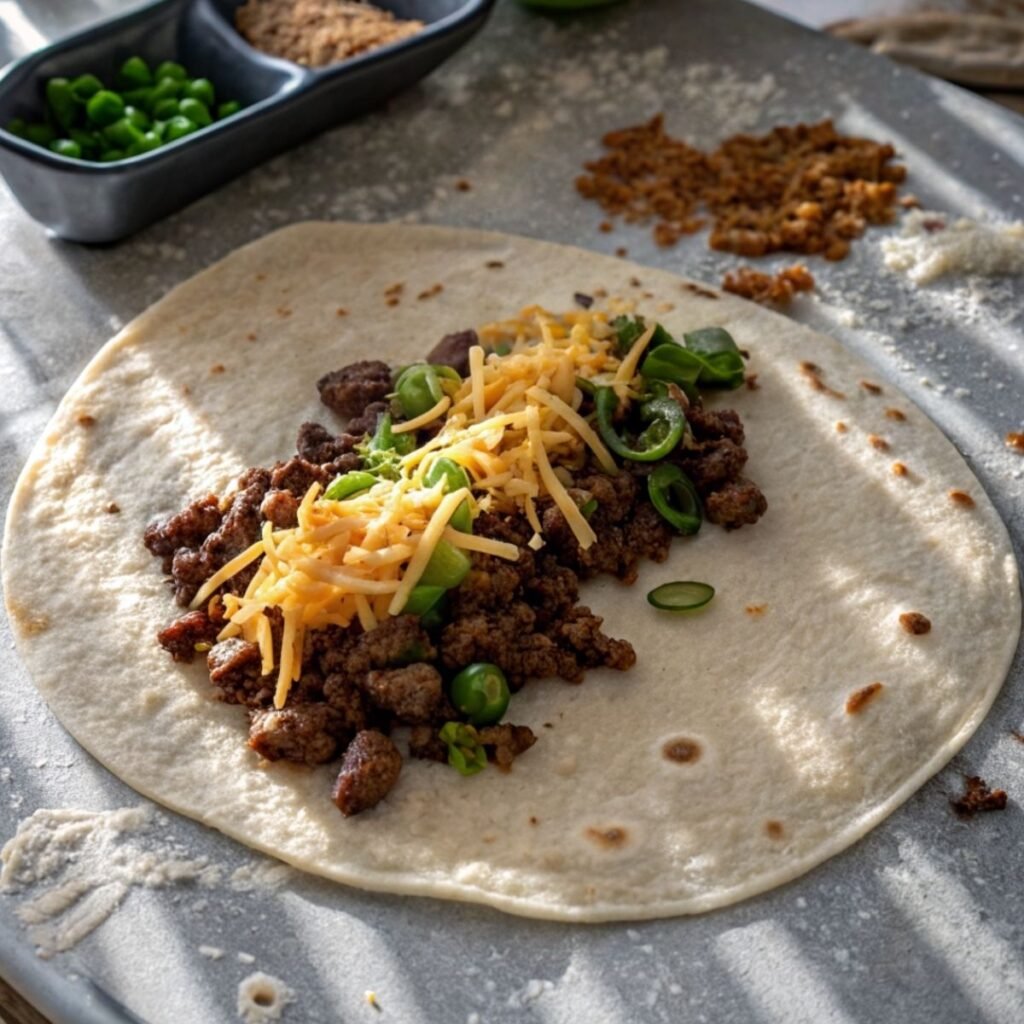 Filling and rolling a tortilla for Crispy Beef and Cheese Chimichangas - step 5 with visible beef, beans, and cheese.