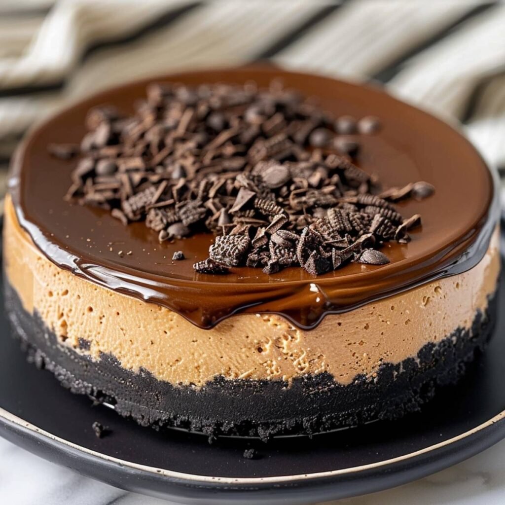 Close-up of Espresso Coffee Cheesecake showing creamy coffee filling and thick Oreo crust, topped with chopped chocolate on ceramic plate.