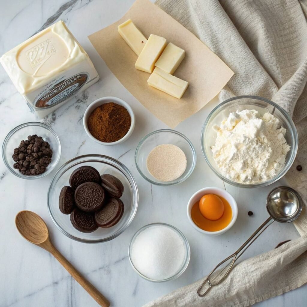 Fresh ingredients for Espresso Coffee Cheesecake including cream cheese, Oreo cookies, and instant espresso powder on marble surface.