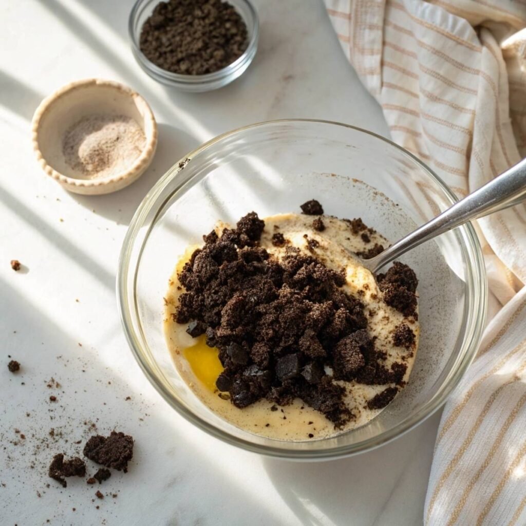 Mixing Oreo cookie crumbs with melted butter for Espresso Coffee Cheesecake - step 2 showing dark chocolate texture and glossy appearance.