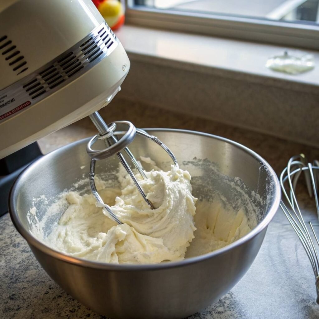 Beating softened cream cheese until smooth for Espresso Coffee Cheesecake - step 4 showing glossy texture in a metal mixing bowl.